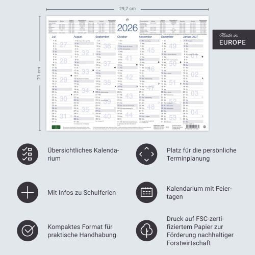Tafelkalender A4 2026, 29,7 x 21cm, 5er Set