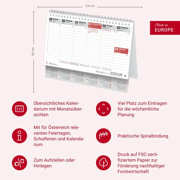 Schreibtischkalender Österreich klein 2026