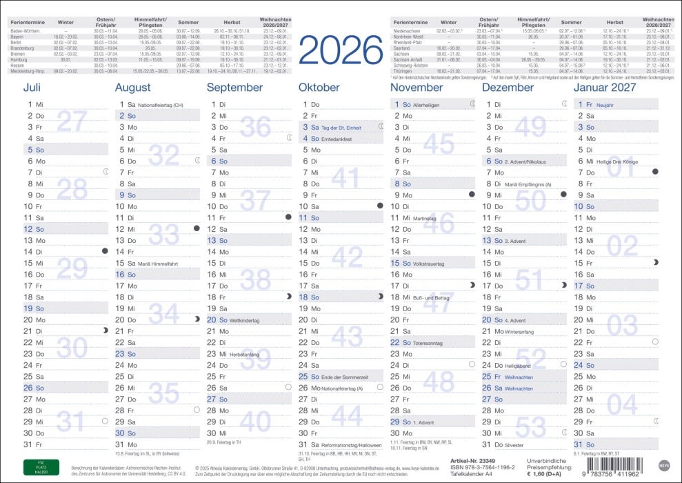 Tafelkalender A4 2026, 29,7 x 21cm, 5er Set