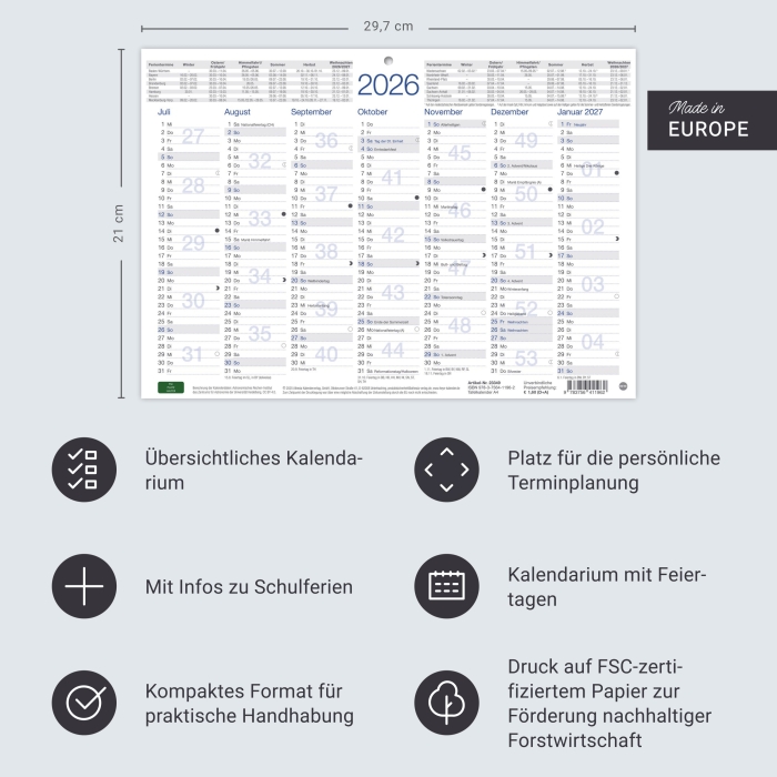Tafelkalender A4 2026, 29,7 x 21cm, 5er Set